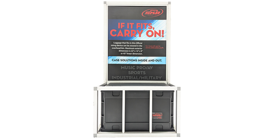 Compact Rack with Wheels display showing TSA-locking latches and carry-on compatibility for travel and equipment protection.