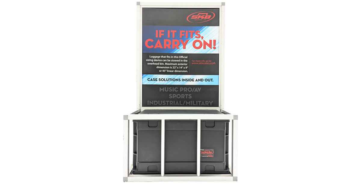 Retail display of compact molded rack with signage promoting carry-on compatibility, suitable for music, pro AV, and industrial use cases.