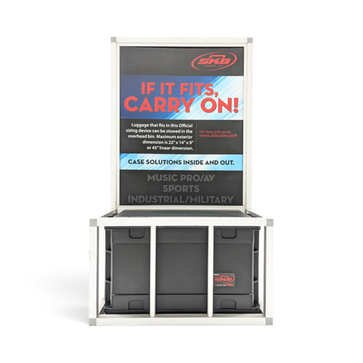 Compact Rack with Wheels display showing TSA-locking latches and carry-on compatibility for travel and equipment protection.