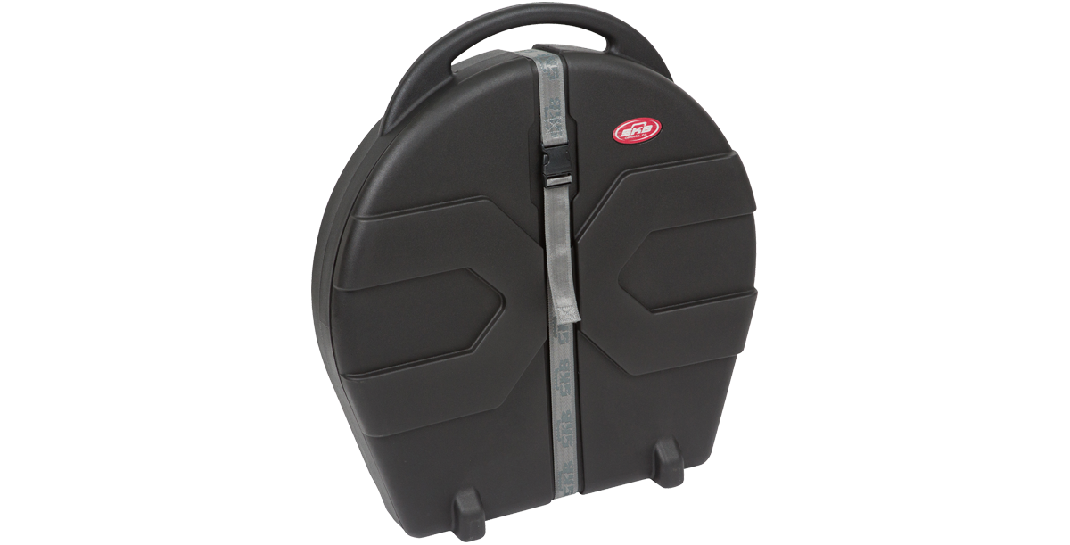 Side view of Rolling Cymbal Vault with reinforced shell and secure strap, designed for cymbal transport up to 24 inches.