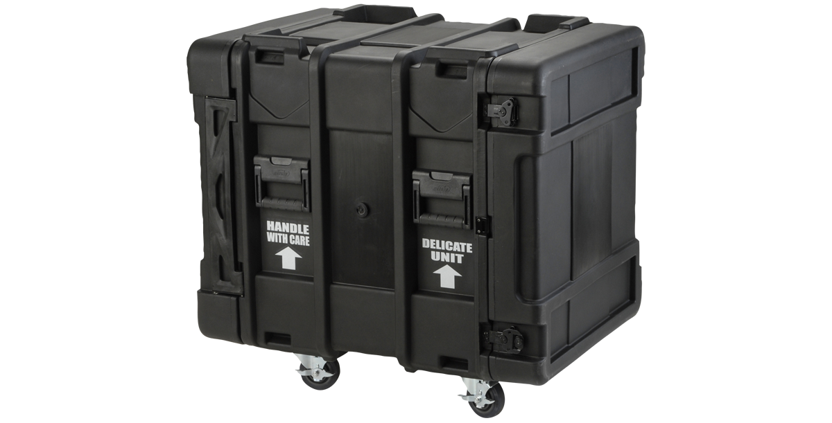 Rear angled view of 12U Deep Shock Rack - 24-inch Roto with labeled 'Handle With Care' and 'Delicate Unit' markings, ideal for IT and server use.