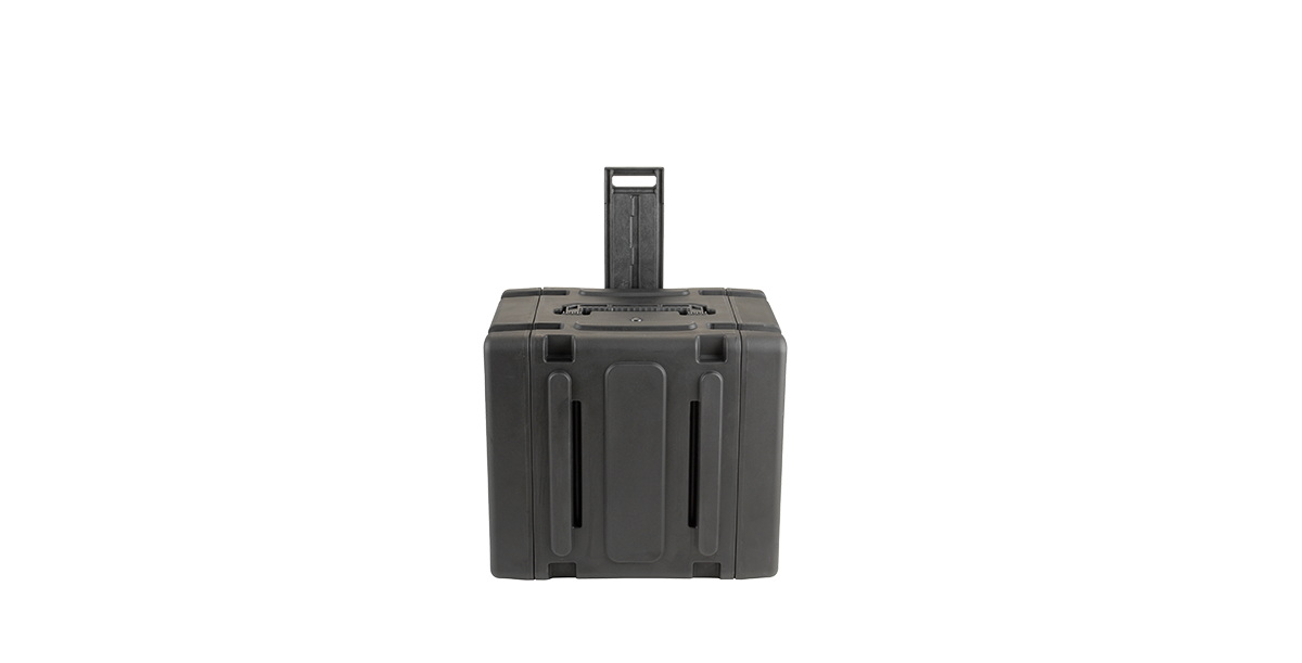 Compact upright view of 20-inch Shock Rack with extended pull handle for rolling transport and vertical storage.