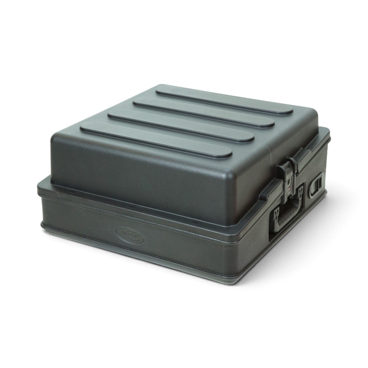 Angled view of 10U Mixer Rack Case with closed lid and side latches, designed for secure transport of audio equipment.