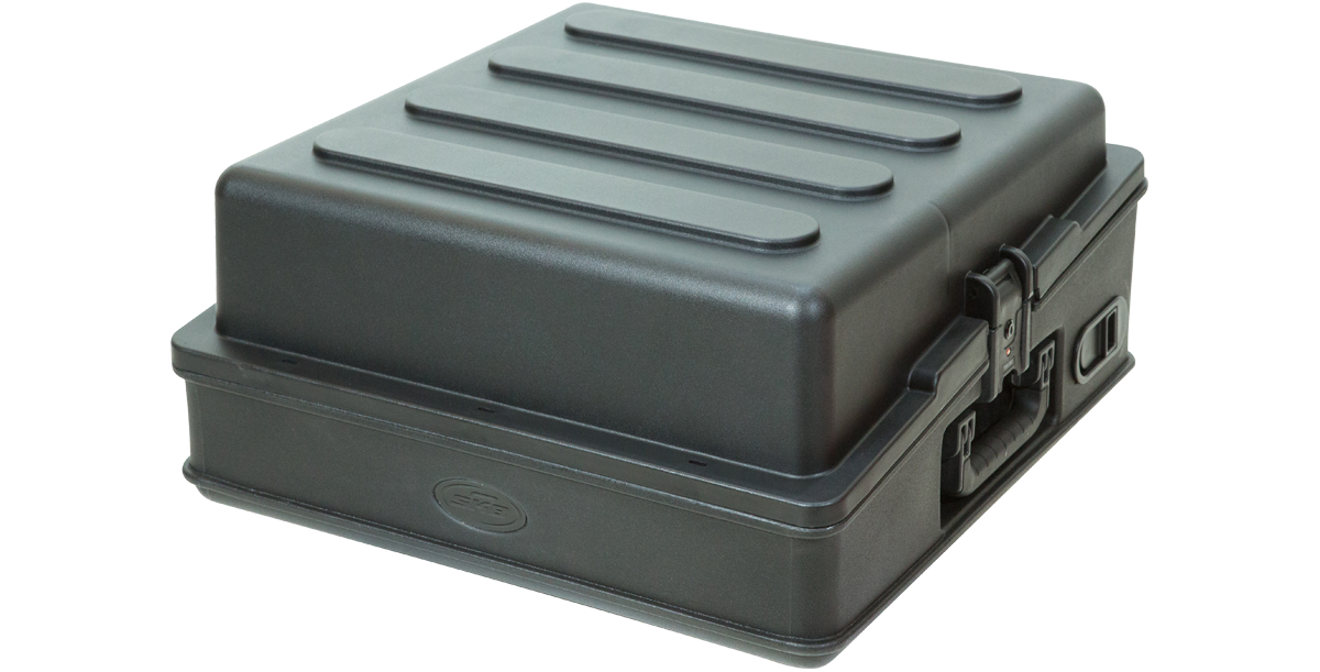 Angled view of 10U Mixer Rack Case with closed lid and side latches, designed for secure transport of audio equipment.