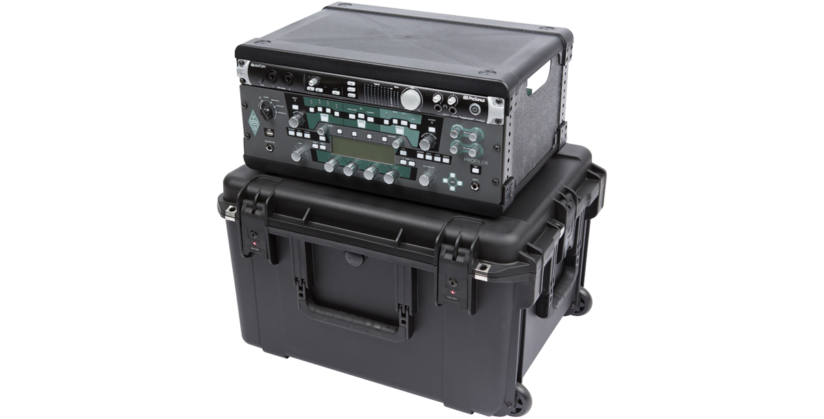 Angled view of iSeries Fly Racks waterproof case with Kemper Profiler, designed for durability and easy mobility in pro audio transport.