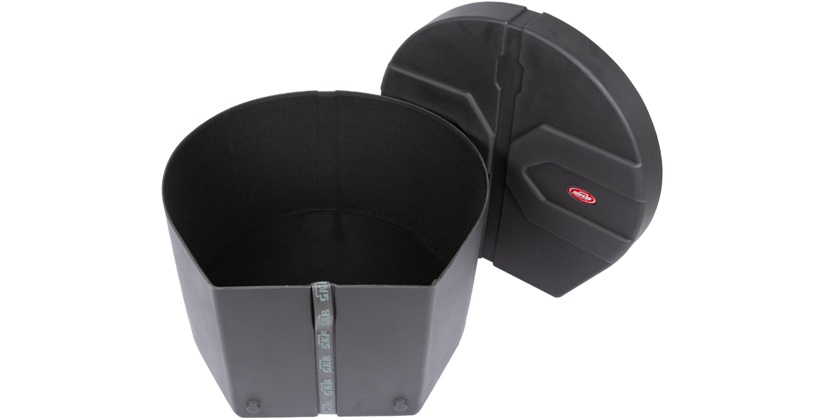 Open 14x26 drum case showing spacious padded interior, designed for secure storage and protection of marching bass drums during transport.