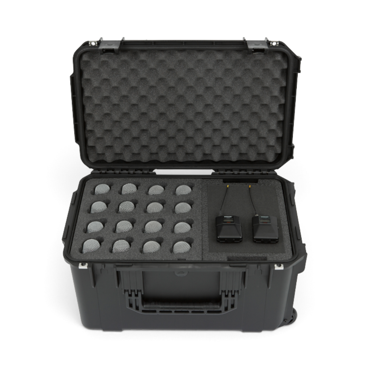 SKB Cases iSeries wireless microphone case with custom foam interior holding 16 handheld mics and body packs.