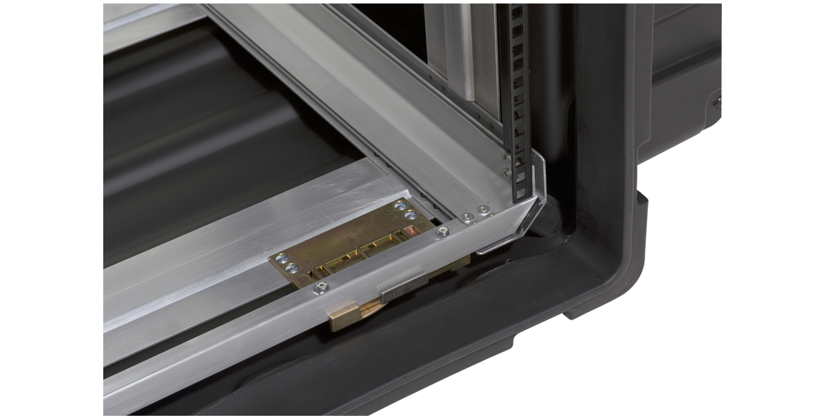 Close-up of 14U Shock Rack’s internal shock-mount system and aluminum frame for vibration-resistant equipment support.