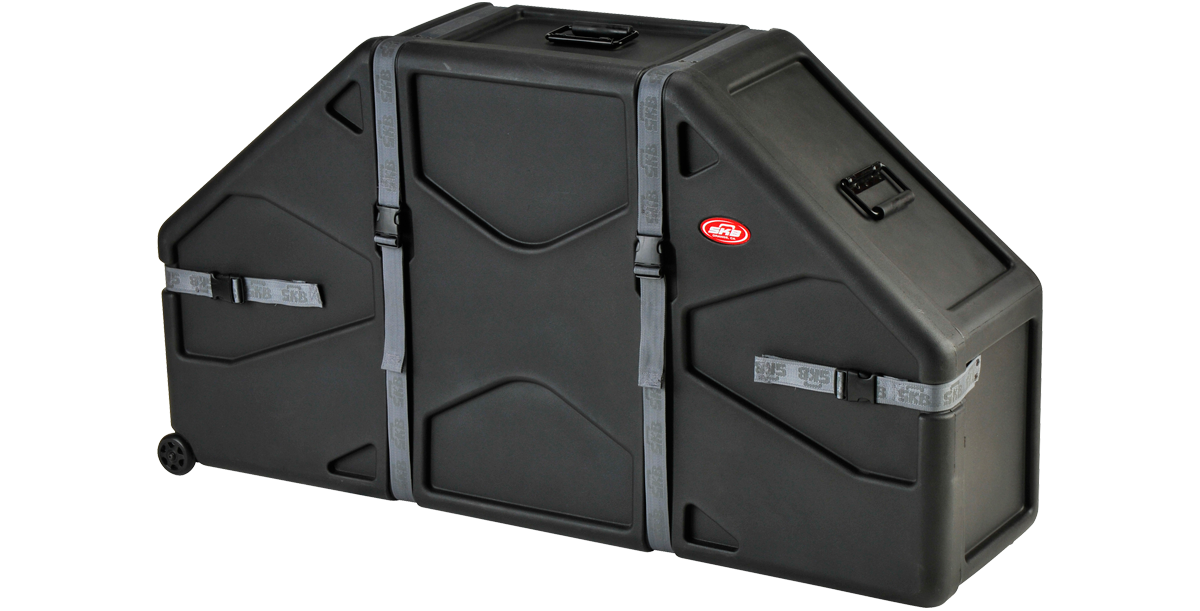 Angled view of Marching Quad Quint Case featuring stackable design, reinforced straps, and rugged wheels for secure drum transport.