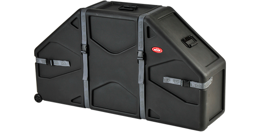 Angled view of Marching Quad Quint Case featuring stackable design, reinforced straps, and rugged wheels for secure drum transport.