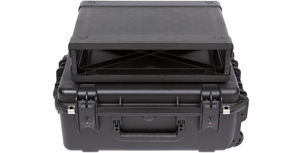 SKB 2U iSeries Fly Rack shown empty, highlighting lightweight injection molded frame for secure gear mounting and transport.
