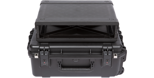 SKB 2U iSeries Fly Rack shown empty, highlighting lightweight injection molded frame for secure gear mounting and transport.