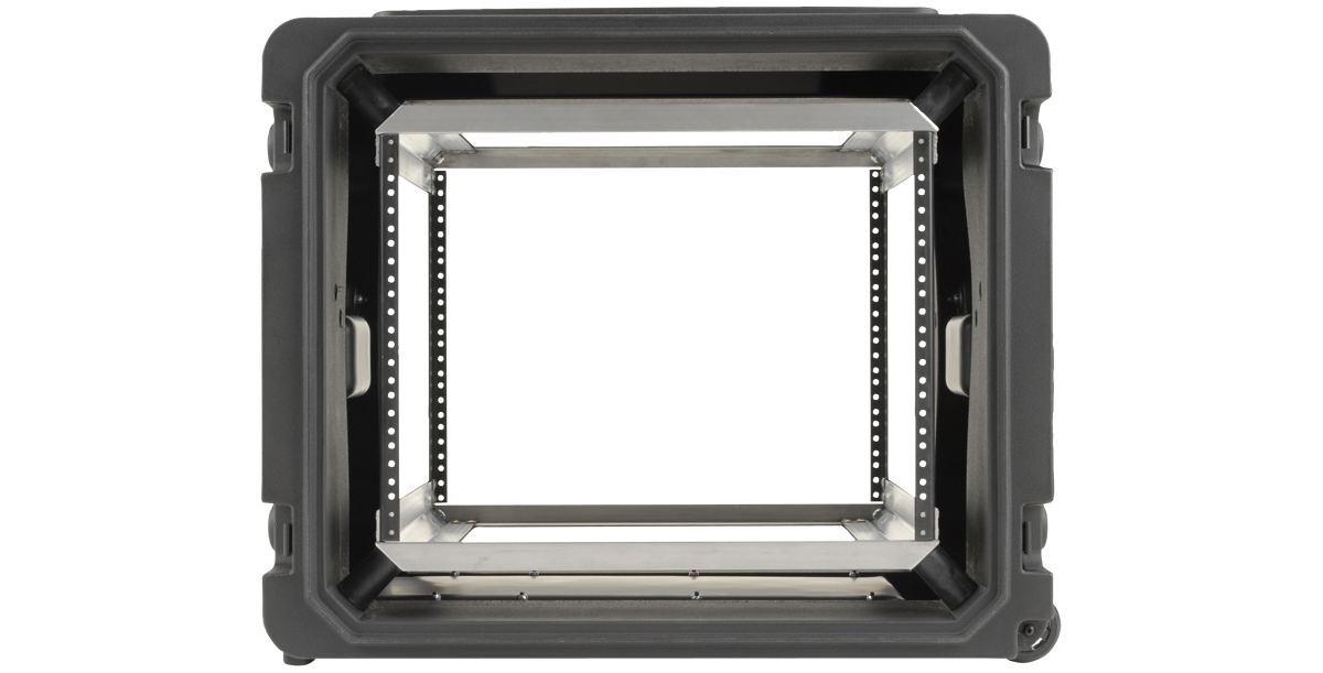 Front view of 20-inch Shock Rack with deep rolling design and secure stackable frame, ideal for pro-audio and vacuum accessory kits.