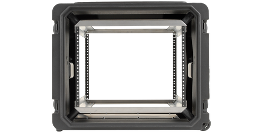 Front view of 20-inch Shock Rack with deep rolling design and secure stackable frame, ideal for pro-audio and vacuum accessory kits.