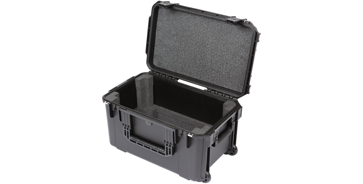Angled open view of lightweight 4U iSeries Fly Rack case with foam interior, designed for shallow rack-mounted recording equipment.