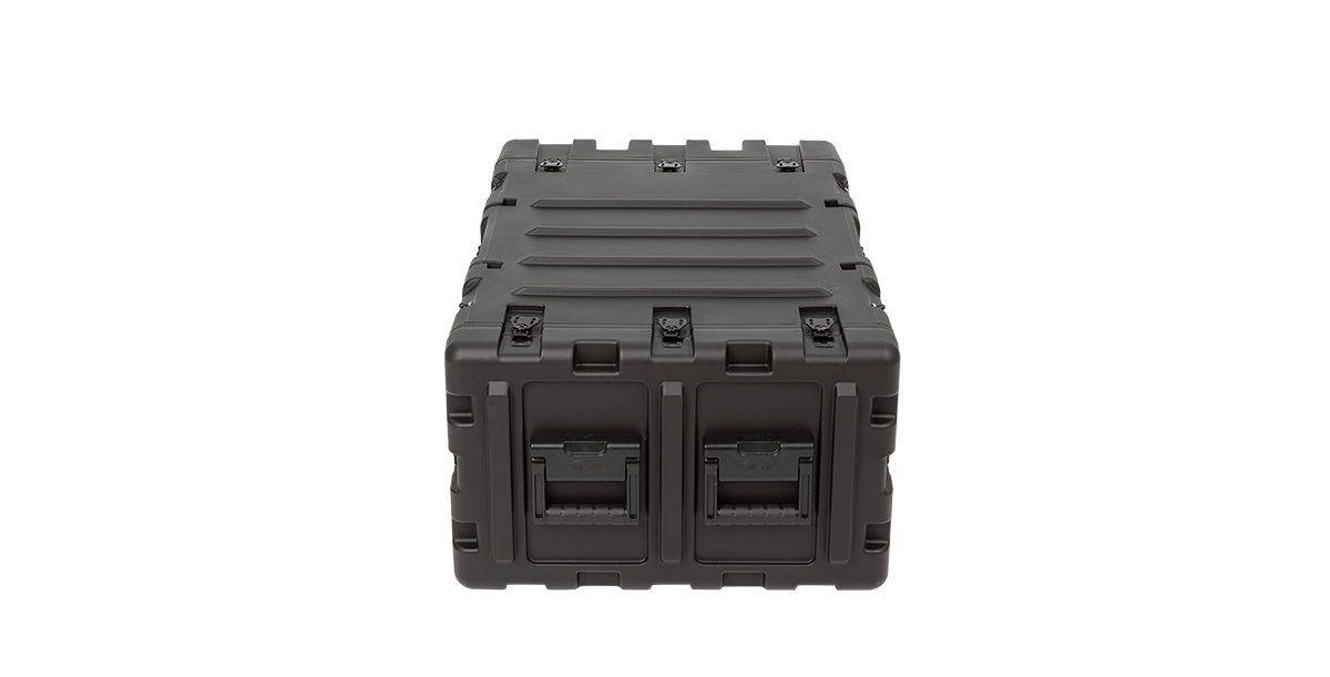 Side view of closed 5U 24-inch deep shock rack case. Compact and durable design for storing and transporting rack-mounted gear.