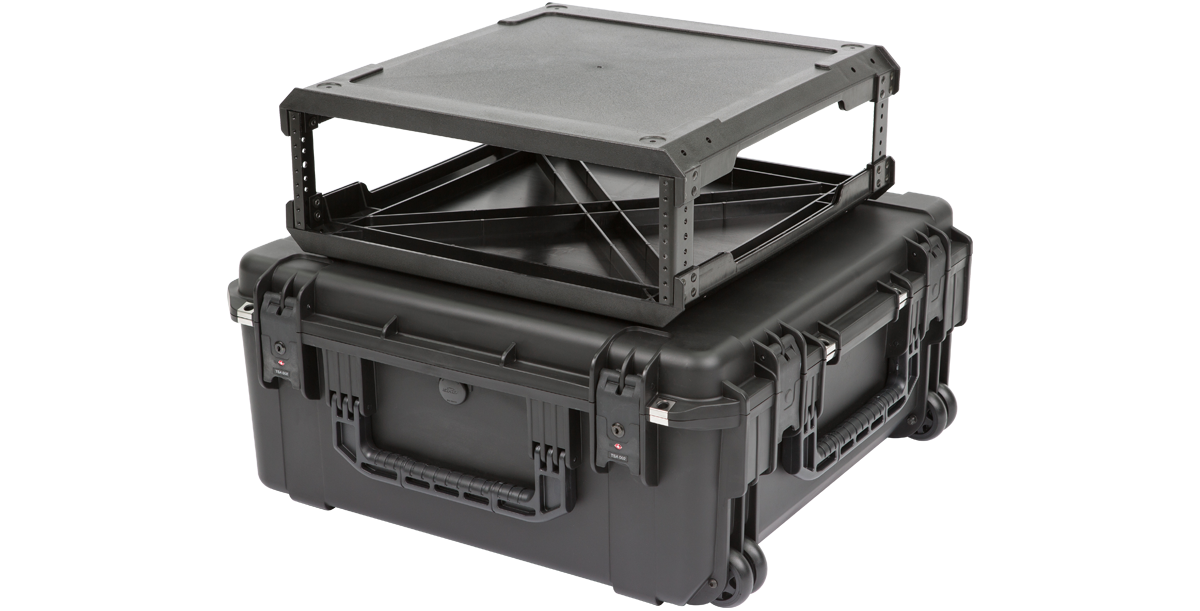 3U iSeries Injection Molded Fly Rack displayed above its protective case, emphasizing lightweight frame and reinforced rack rails.