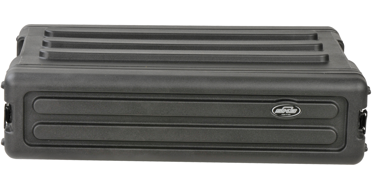 Back view of 2U rSeries SKB Shallow Rack - Strong & Durable with secure lid in place, emphasizing molded grooves for stacking stability.