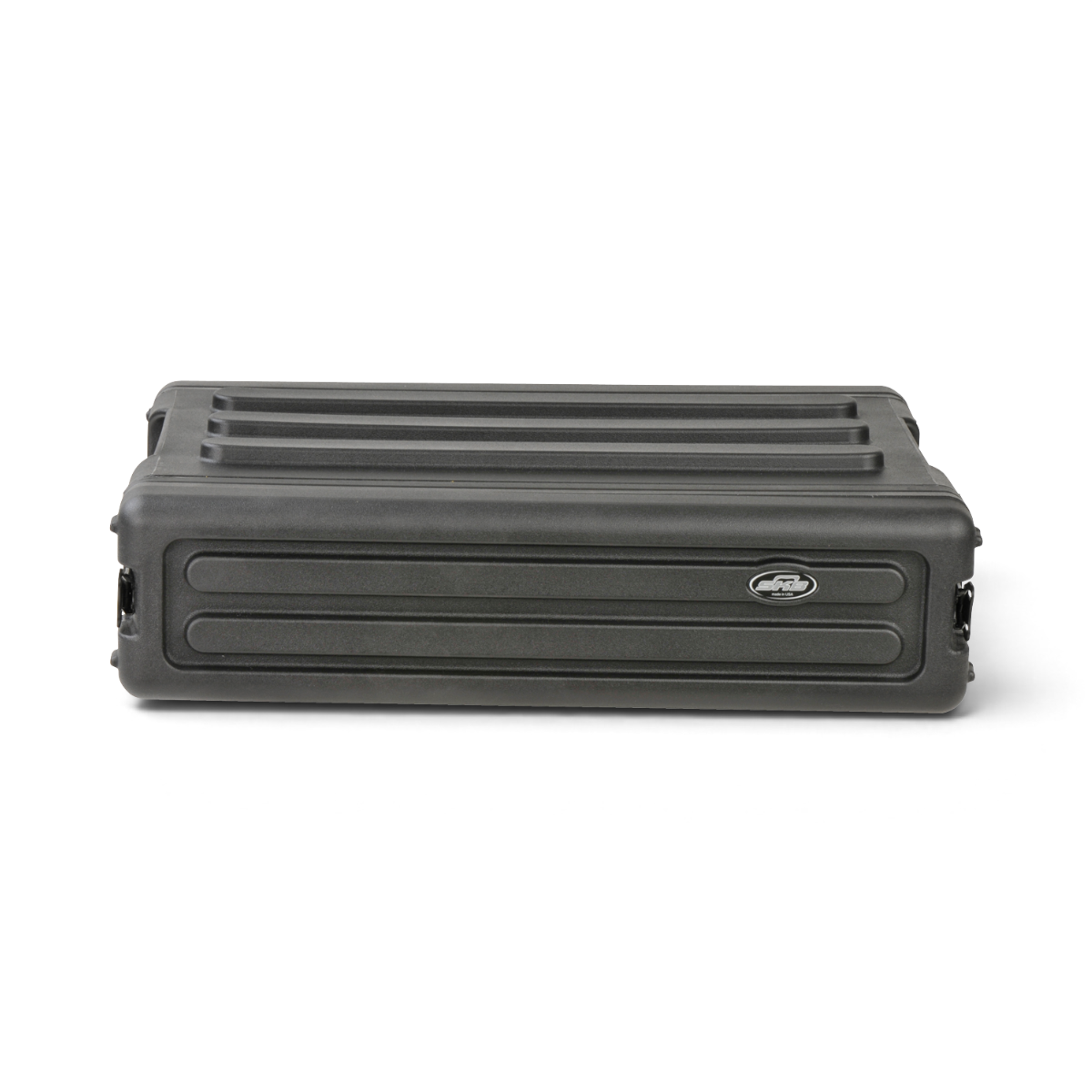 Back view of 2U rSeries SKB Shallow Rack - Strong & Durable with secure lid in place, emphasizing molded grooves for stacking stability.