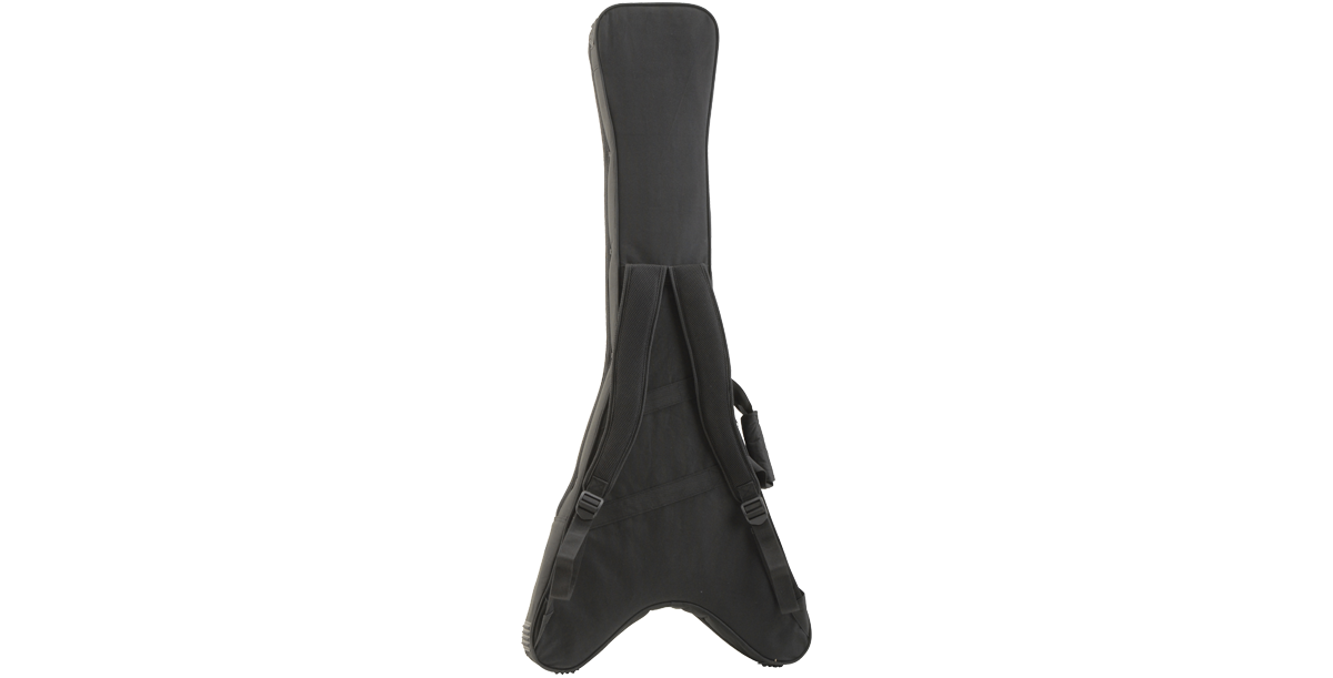 Flying V guitar case - soft and protective with weather-resistant exterior and ergonomic backpack straps for easy transport.