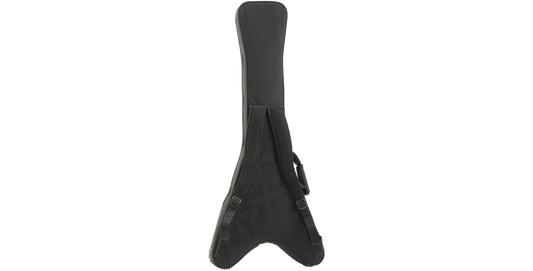 Flying V guitar case - soft and protective with weather-resistant exterior and ergonomic backpack straps for easy transport.