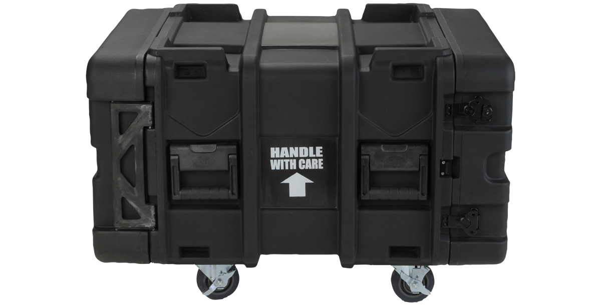 Closed 6U Shock Rack - 24-inch rSeries with 'Handle With Care' label, built for secure and portable IT equipment storage.
