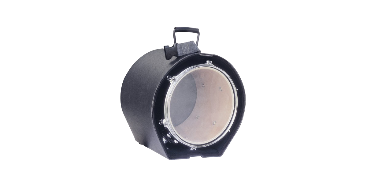 Open 14 x 18 marching bass drum case showing drum fit, featuring padded interior and molded design for secure percussion storage.
