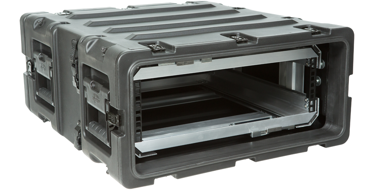 Side angle of 20 Inch Shock Rack - 3U RR Series with open front and visible aluminum rack rails for shock-mounted equipment.