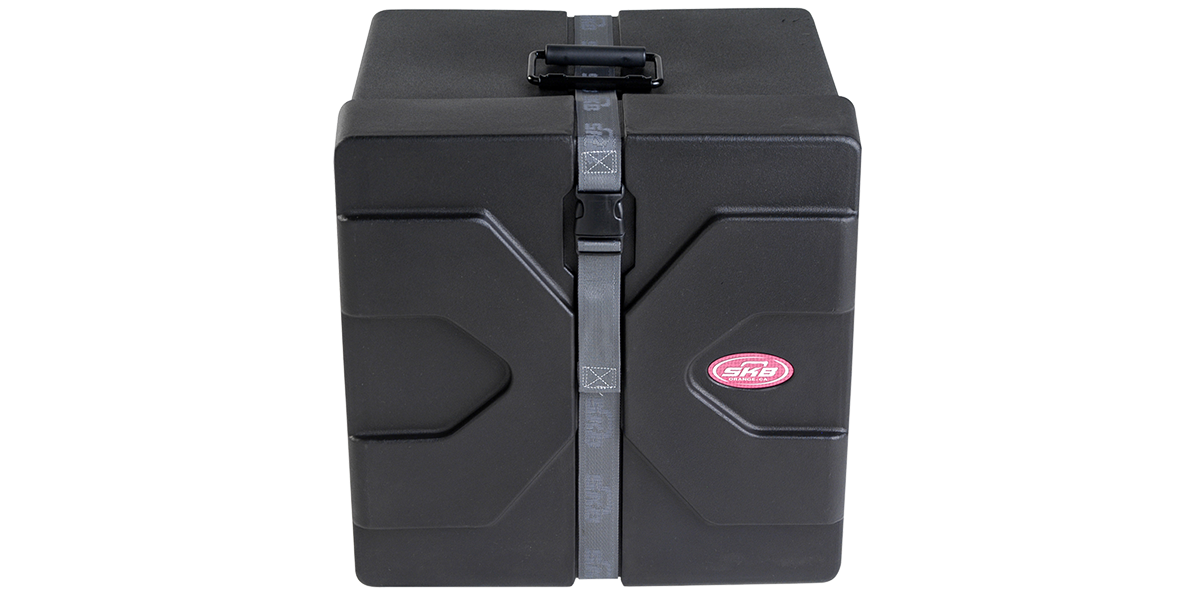 12 x 14 marching snare drum protective case with durable molded exterior and Sure grip handle, ideal for percussion transport and storage.