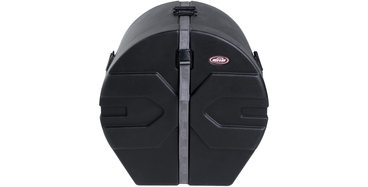 Front view of 20 x 22 bass drum case with durable roto-molded shell and secure strap for reliable drum protection and transport.