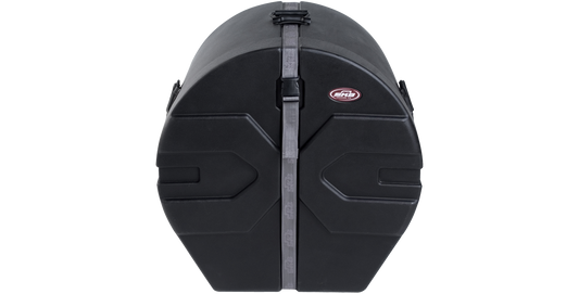 Front view of 20 x 22 bass drum case with durable roto-molded shell and secure strap for reliable drum protection and transport.