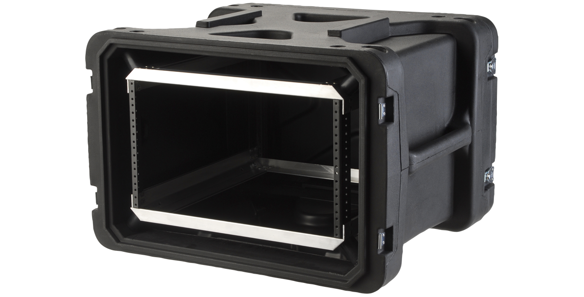 Angled view of 20-inch shock rack case with lightweight frame and air-conditioned space for IT and pro audio equipment.