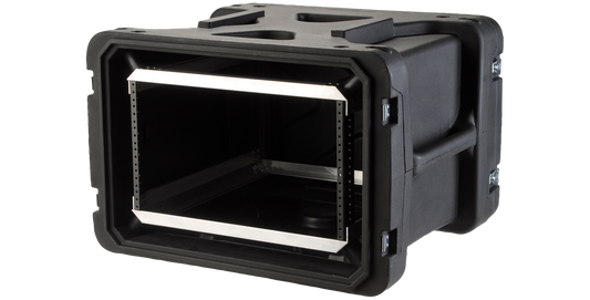 Angled view of 20-inch shock rack case with lightweight frame and air-conditioned space for IT and pro audio equipment.