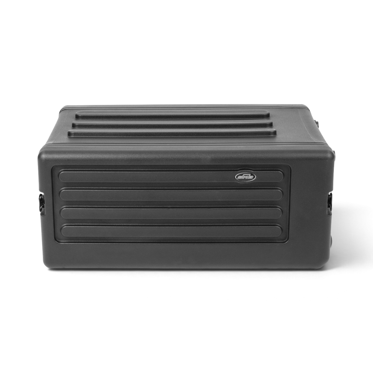 SKB Cases 4U rSeries shallow rolling rack in black roto-molded polyethylene with recessed latches and stackable design