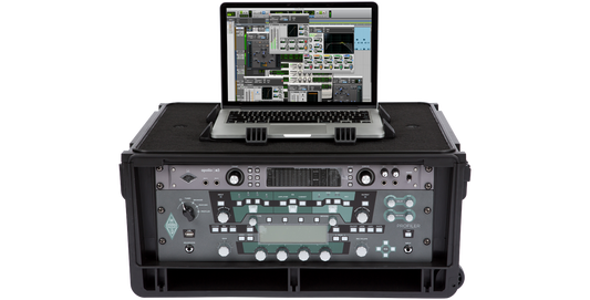 4U Studio Rack Case - Injection Molded with mounted audio gear and laptop on top, ideal for secure and portable studio setups.