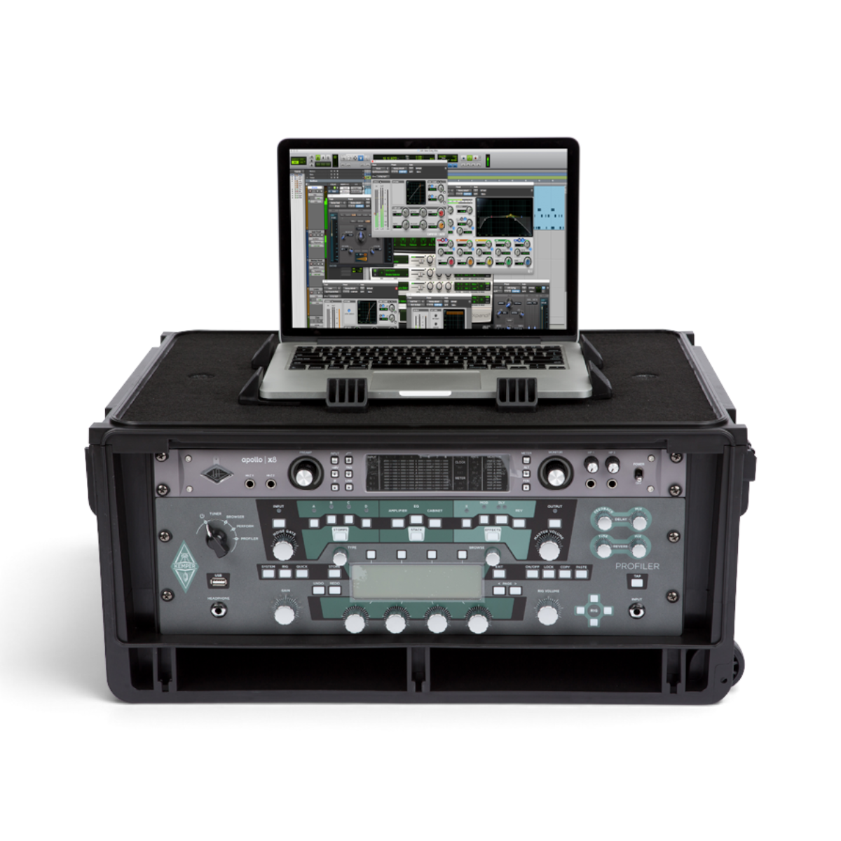 4U Studio Rack Case - Injection Molded with mounted audio gear and laptop on top, ideal for secure and portable studio setups.