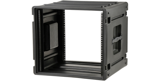 Open view of 8U rSeries Rack Case showing 10-32 threaded rails and deep interior for secure mounting of pro audio gear.