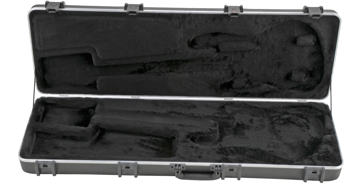 Interior of SKB Electric Bass Case showing molded plush compartments for Fender-style bass; ideal for secure instrument transport.