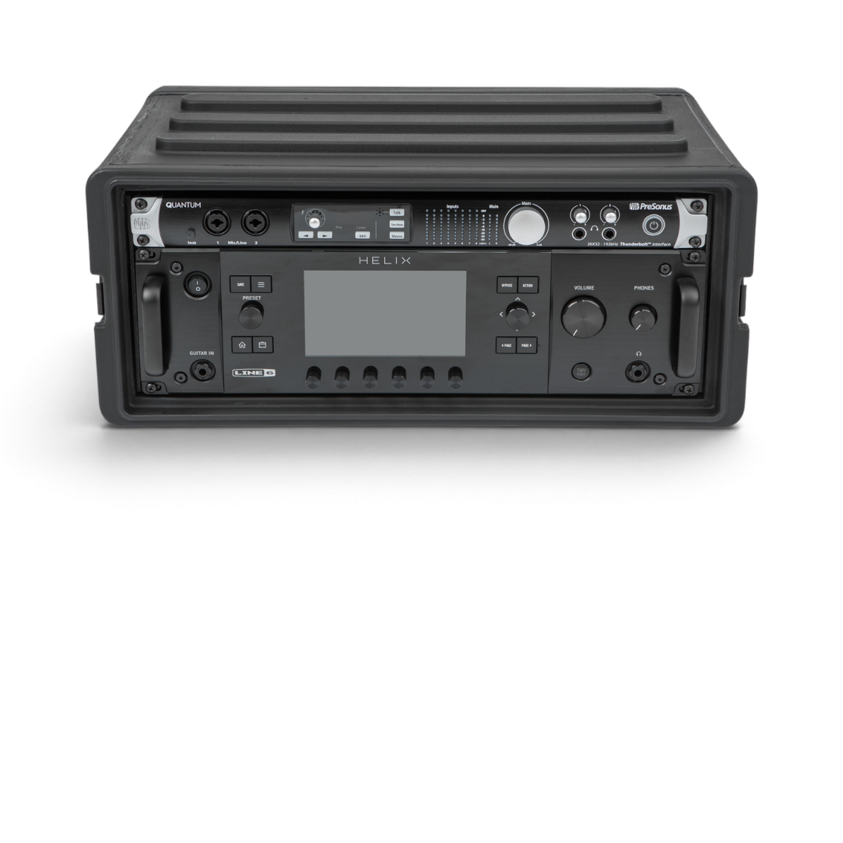 4U Shallow Rack Case - Durable Equipment Storage with Line 6 Helix and PreSonus Quantum securely mounted for pro audio use.