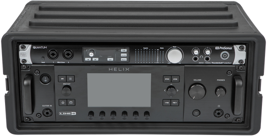 4U Shallow Rack Case - Durable Equipment Storage with Line 6 Helix and PreSonus Quantum securely mounted for pro audio use.