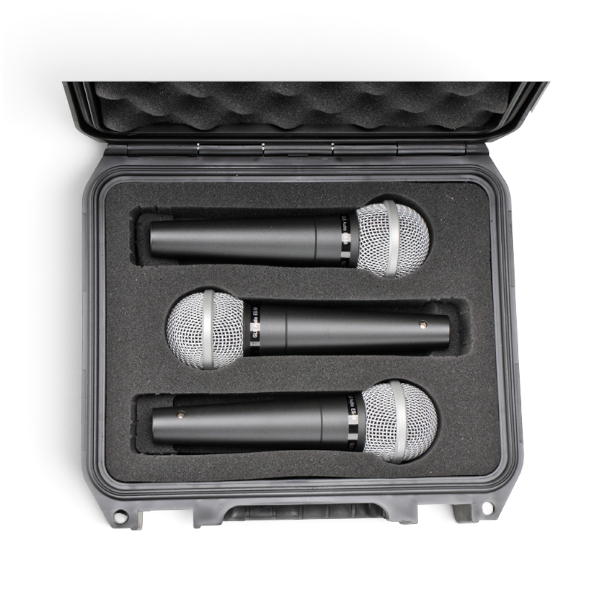 SKB Cases iSeries 0907-4 waterproof hard case containing three microphones in custom cut foam inserts