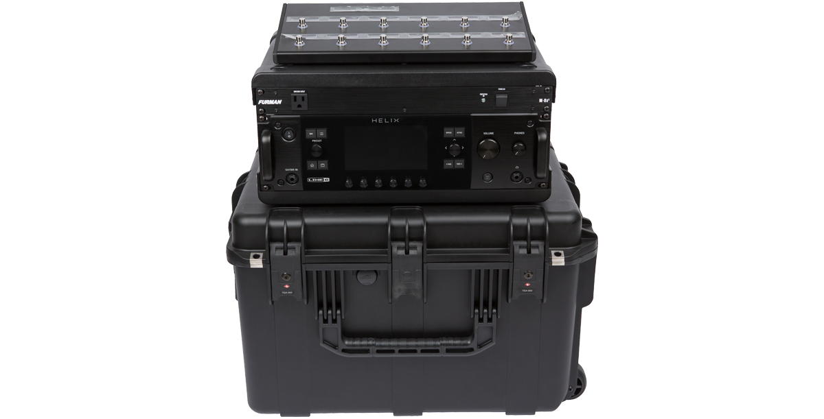 4U iSeries Guitar FX Fly Rack featuring Line 6 Helix processor and foot controller mounted in a protective molded flyRack case.