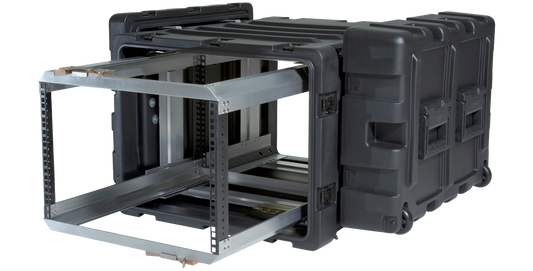 24-Inch Deep 7U Shock Rack with open front view showing internal aluminum frame for mounting sensitive electronics. Shockproof and watertight design.