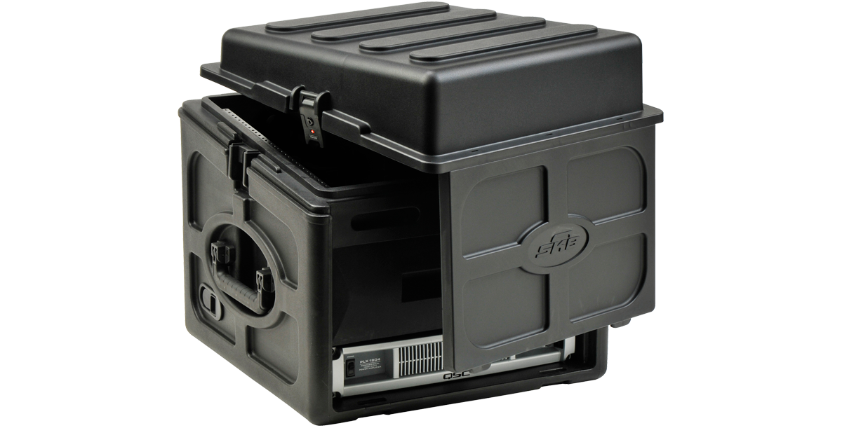 Side view of Compact Rack Case with lid partially open, revealing steel rails and TSA lock system for secure audio equipment storage.