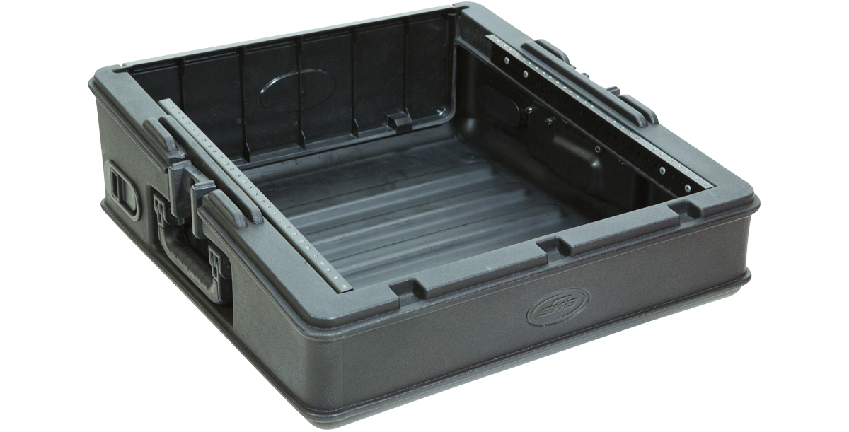 10U Mixer Rack Case with steel threaded rails and roto-molded body, ideal for securely mounting pro audio mixers like the Allen & Heath QU16.