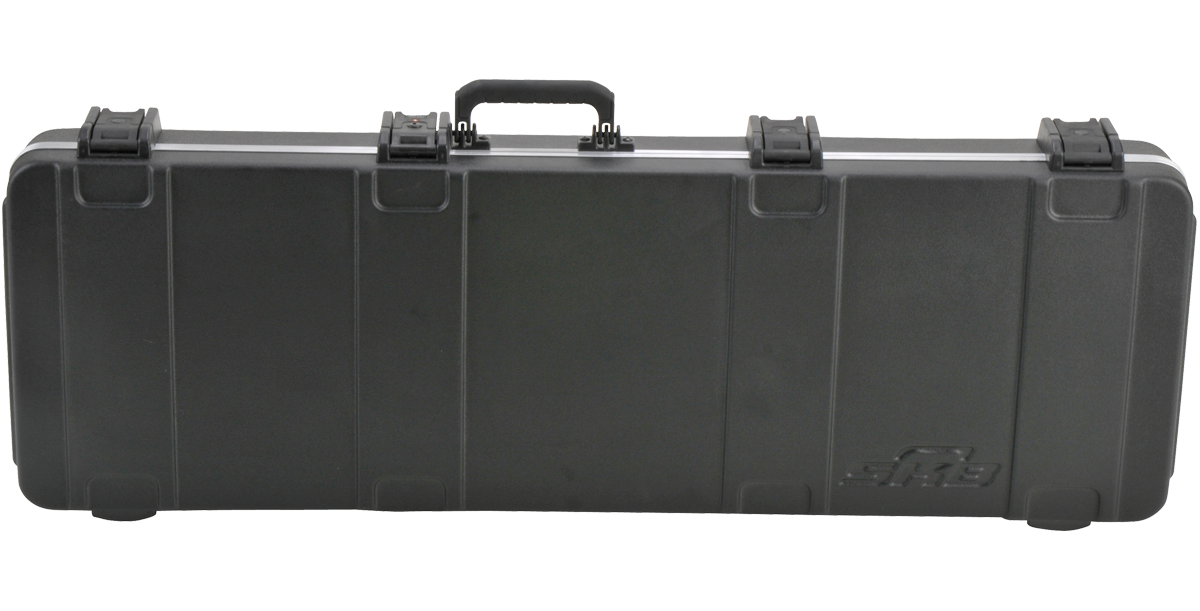 Front view of SKB Electric Bass Case showing rugged ABS shell, ergonomic handle, and secure latching system for Fender-style guitars.