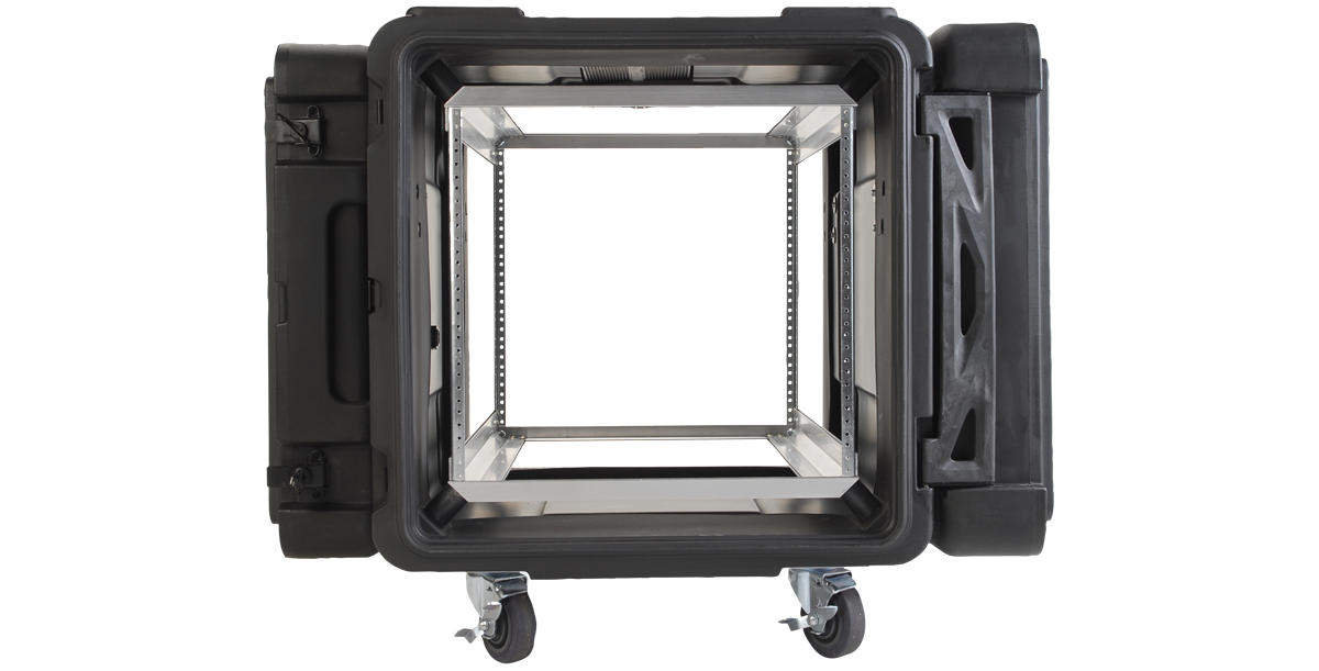 Front-facing view of 30-Inch rSeries Shock Rack showing internal aluminum rackmount frame and MIL-SPEC sealed case for deep servers.