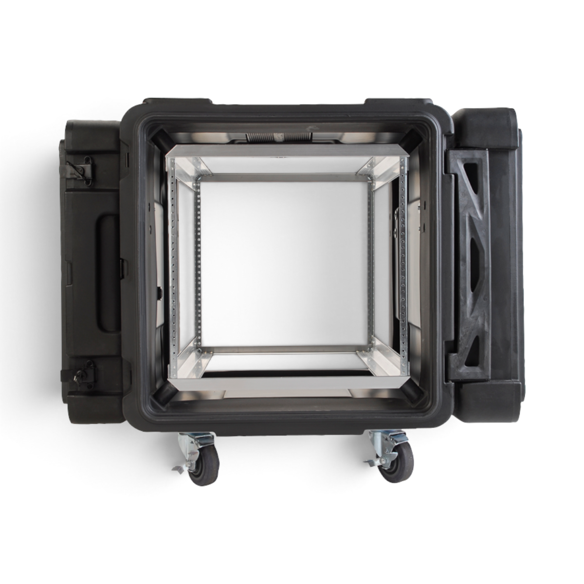 Front-facing view of 30-Inch rSeries Shock Rack showing internal aluminum rackmount frame and MIL-SPEC sealed case for deep servers.