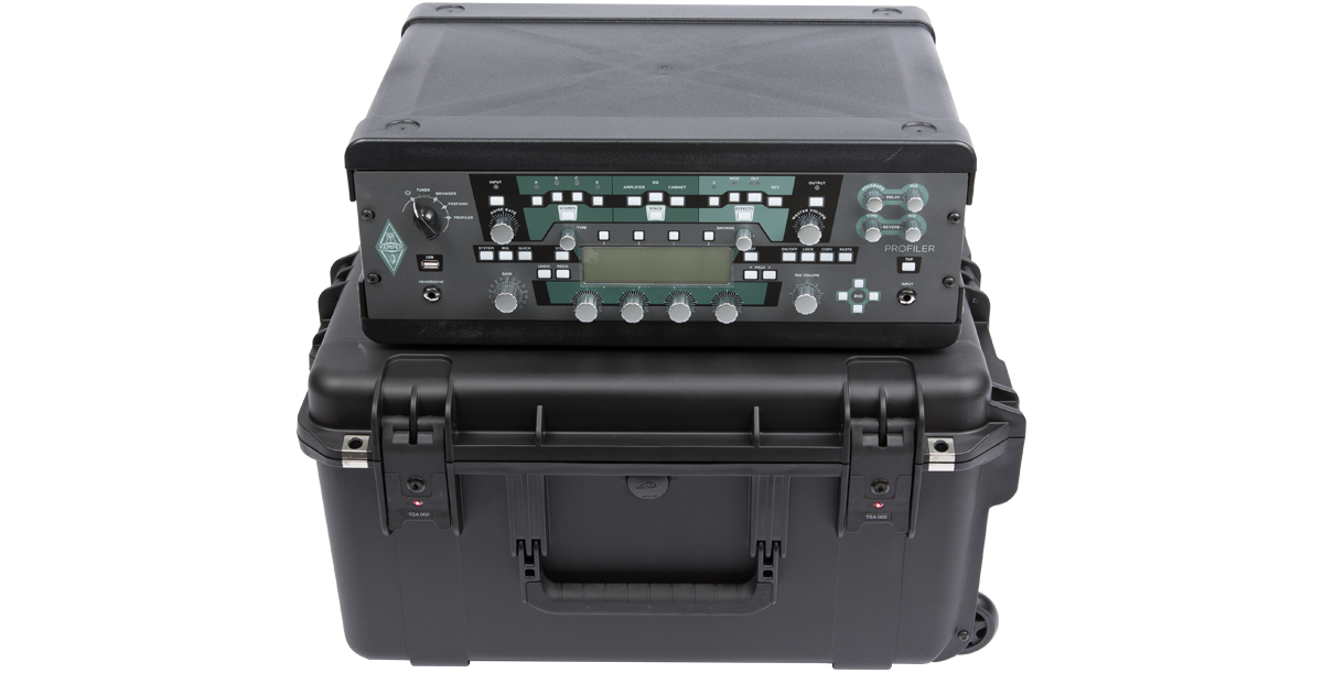 Lightweight Injection Molded Fly Rack with Kemper Profiler on iSeries case, featuring TSA-approved latches for secure transport.
