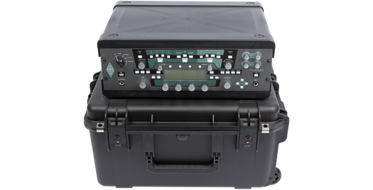 Lightweight Injection Molded Fly Rack with Kemper Profiler on iSeries case, featuring TSA-approved latches for secure transport.